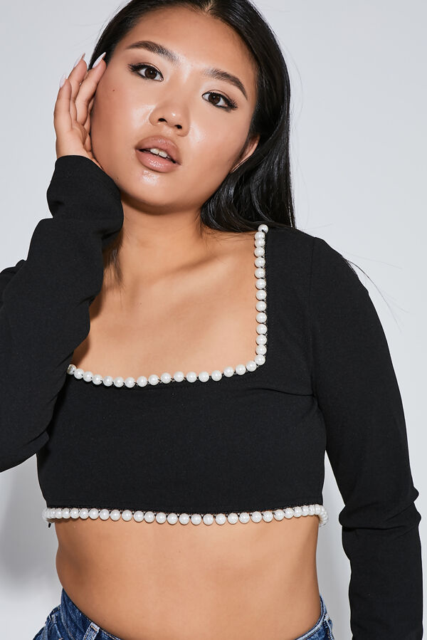 Leanne Black Long Sleeve Pearl Trim Square neck Crop Top